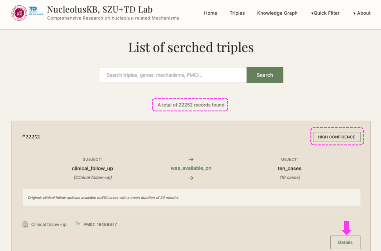 List of searched triples interface